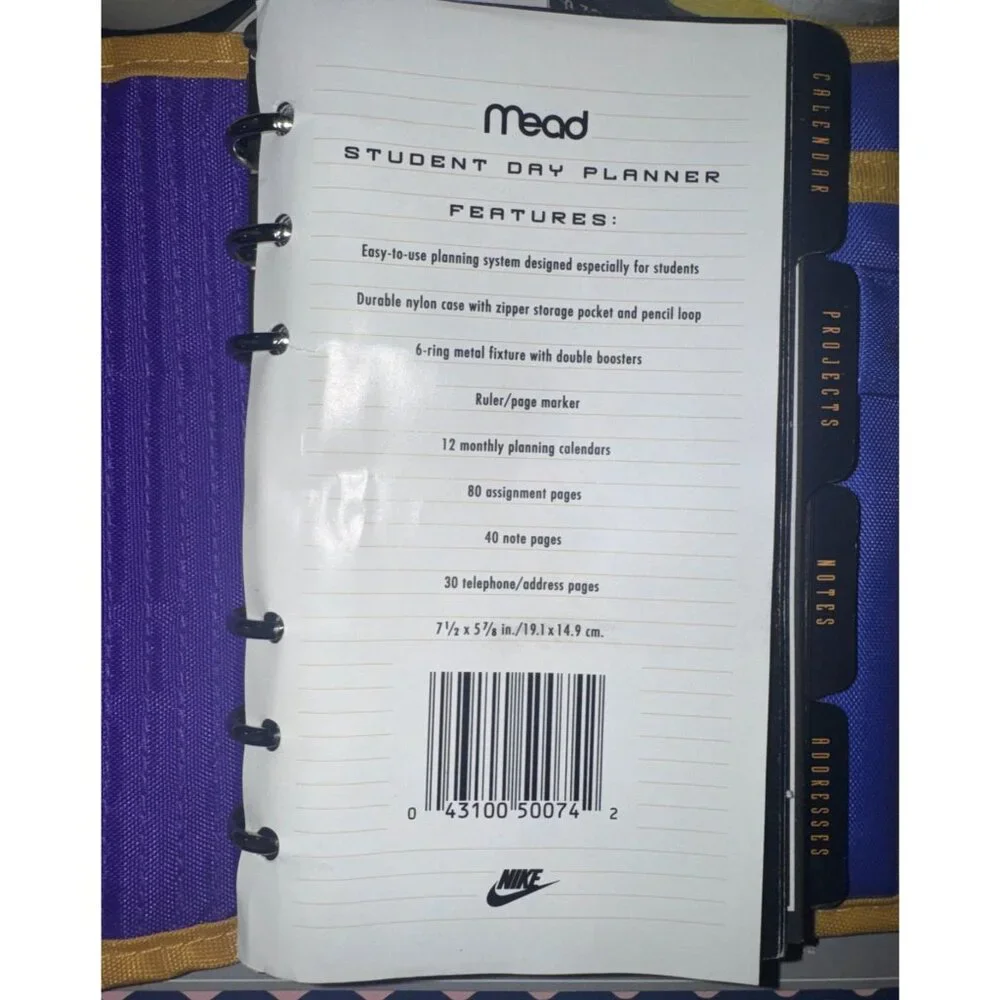 Vintage Nike & Mead Organizer Planner Blue/Yellow 1995 With Pages & Address Inse